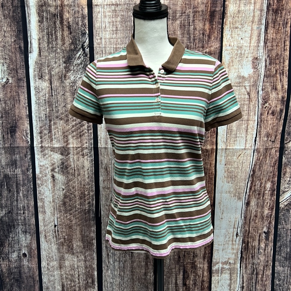 Eddie Bauer Aqua, Brown, Pink & Cream Striped Short Sleeve Polo - size Small - Picture 7 of 14